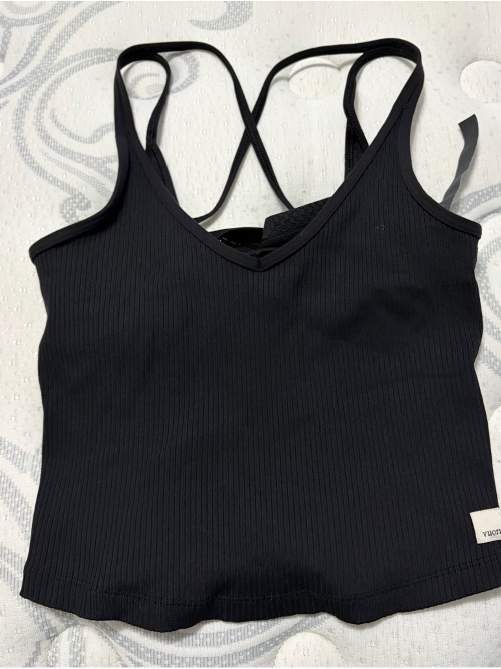 Vuori Black Ribbed Cropped Tank with Crisscross Straps